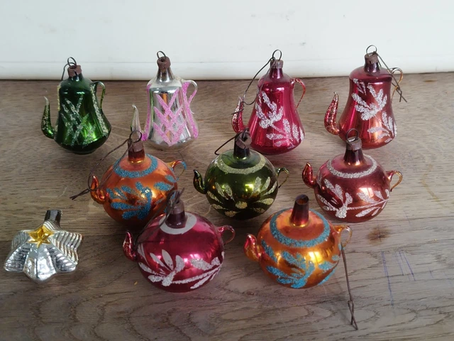LOT DE 10 ANCIENNES BOULES DE NOEL EN VERRE en forme de cafetière EUR