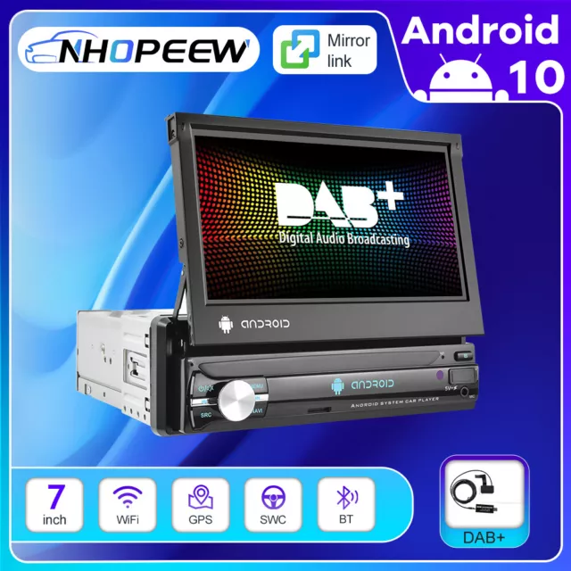 DAB+ 7" 1DIN Ausfahrbarer Android 10 Autoradio WIFI GPS Navi Bluetooth USB DSP