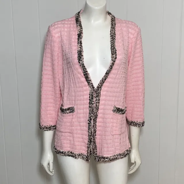 Misook Cardigan Womens Medium Pink Metallic Sequin Trim Pockets 3/4 Sleeve