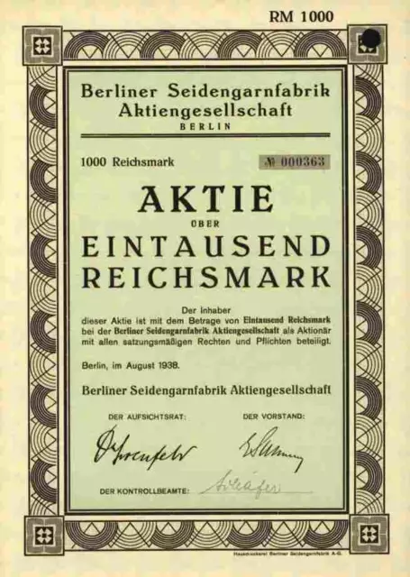 Berliner Seidengarnfabrik AG 1938 Berlin Springer Isny Allgäu 1000 RM Salomon #