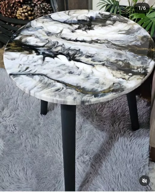 Wooden Round Side Coffee Table Decorated With Resin Handmade Unique Table