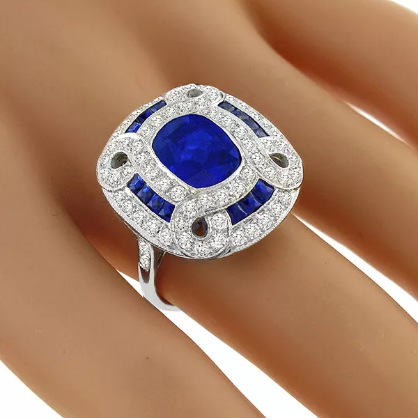 French Art Deco Style Vivid Blue Sapphire & Old Mine Cut CZ Engagement Fine Ring
