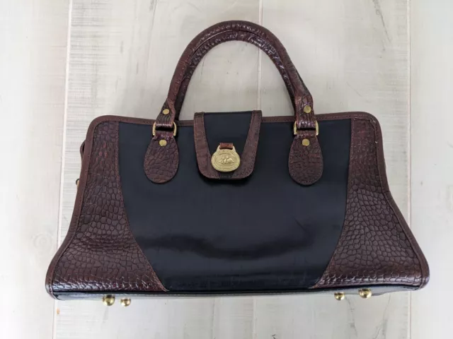 Brahmin Brown Embossed Croc Black Leather Medium Satchel Handbag VTG