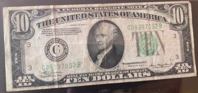 1934 A $10 Ten Dollar Bill Green Seal Circulated United State Note Currency