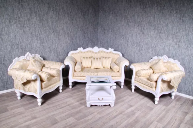 Baroque sofa set couch armchair antique solid white cream gold style vintage