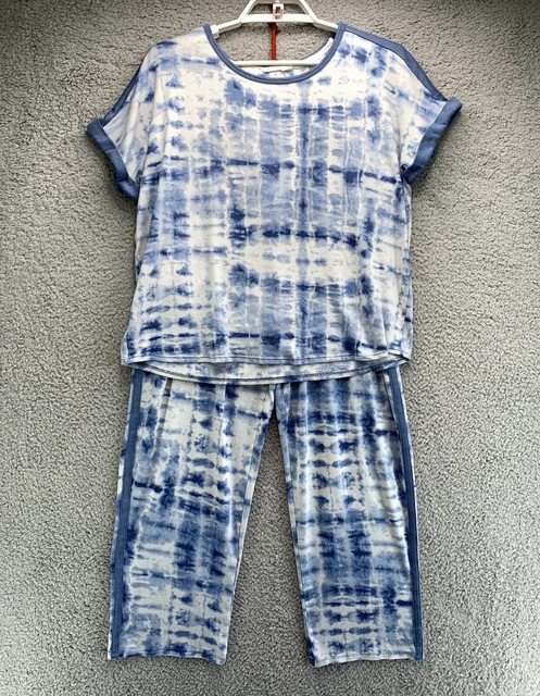 Lucky Brand Womens Two Piece Pajama Set XL Blue White Tie Dye Short Sleeve