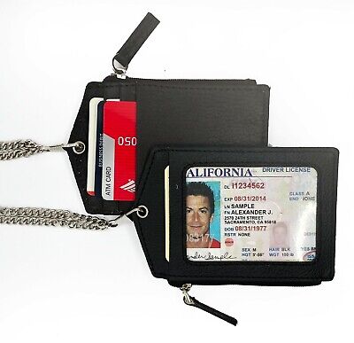 Genuine Leather ID Badge Holder Name Tag Lanyard Card Zippered Wallet Neck Chain 3