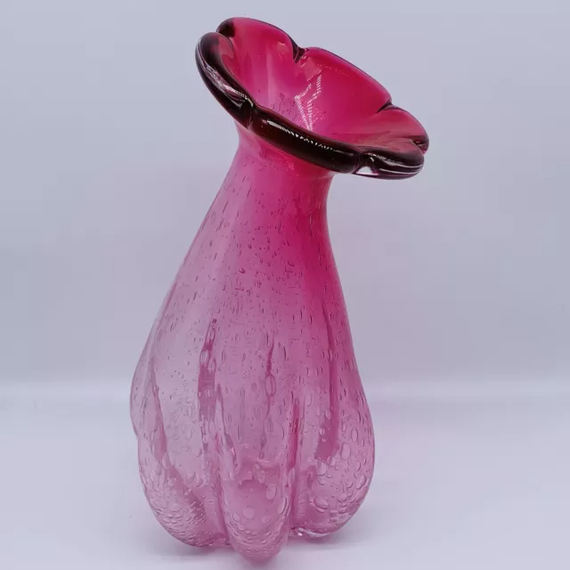 Vintage Art Glass Hand Blown Bullicante Pink Flower Top Two Tone Vase 11”T 5.5”W