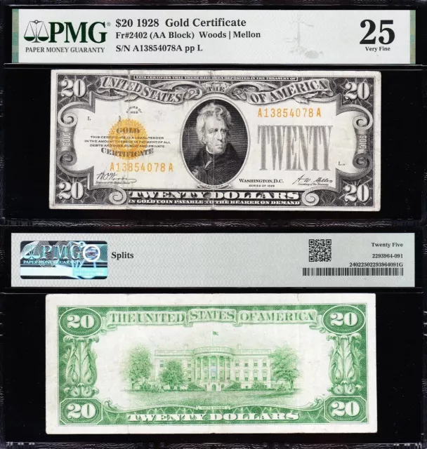 VERY NICE Bold & Crisp VF+ 1928 $20 GOLD CERTIFICATE! PMG 25! FREE SHIP! 54078A