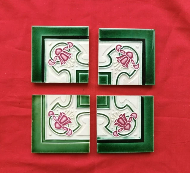 4 Piece Puzzle Design Set Old Art Majolica Ceramic Small Tiles Japan 0210 3