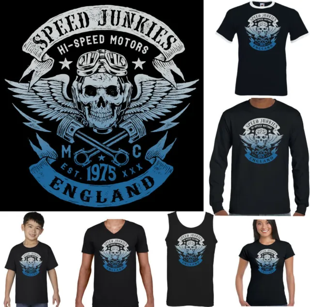 Biker T-Shirt Inghilterra Inglese Motocicletta Cafe Racer Velocità Junkies Top