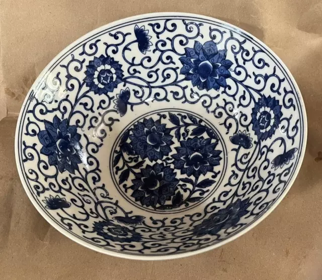 Chinese Bowl Blue White flowers large signature on bottom