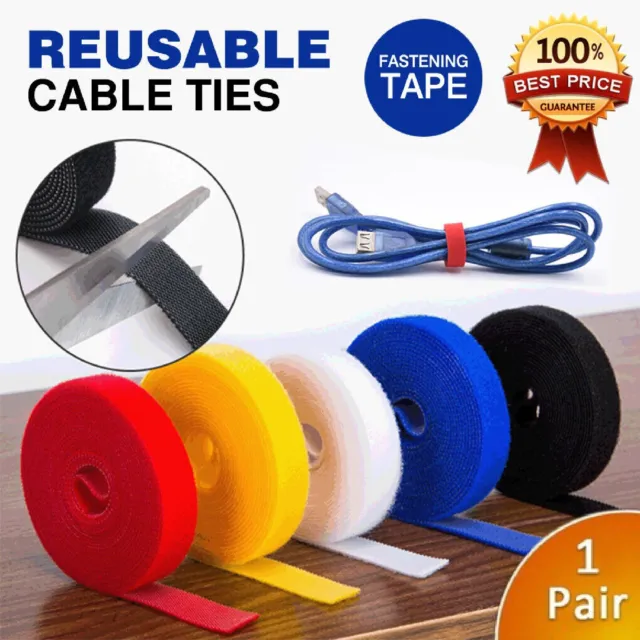 1M Roll Fastening Tape Cable Ties Reusable Hook Loop Straps Double Side Cord