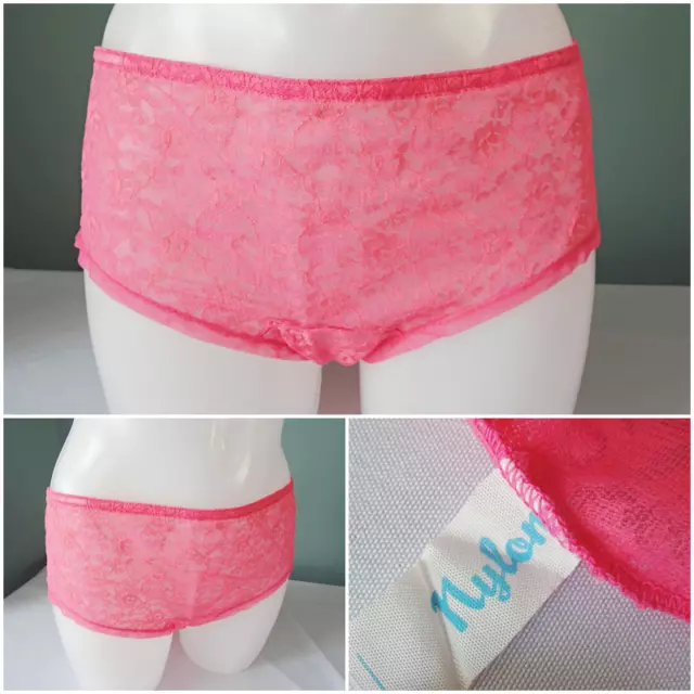 Mutandine vintage Knickers anni '60 bikini rosa brillante pizzo nylon donna trasparente anni '60