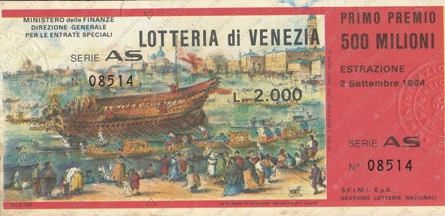 1984 Partenza del Bucintoro Premio 500 Milioni LOTTERIA Venezia biglietto