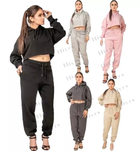 Womens Crop Hoodie Tracksuit Set Top girls Joggers Lounge wear 2 Piece