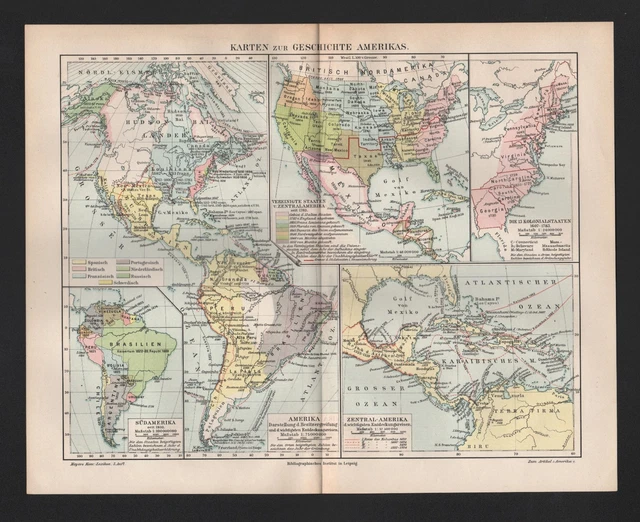 LANDKARTE MAP 1894 Karten zur Geschichte AMERIKAS. Amerika America USA