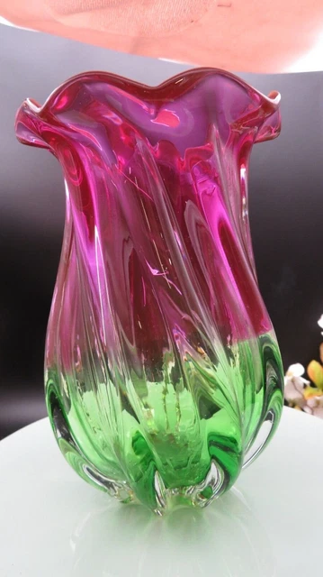 Teleflora 7.5” Heavy Glass Vase Cranberry Pink Green Swirl  Ruffled Edge Vintage