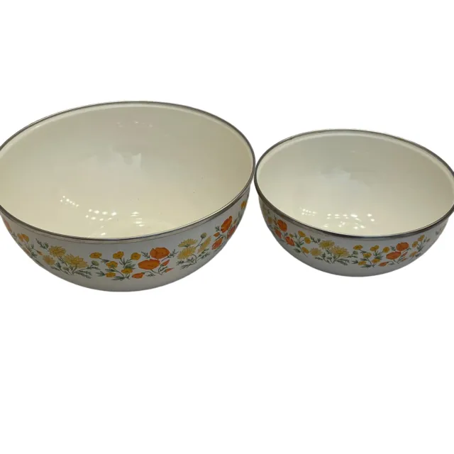 Vintage Kobe Kitchen Metal Enamel Floral Nesting Mixing Bowls, set of 2, No Lids