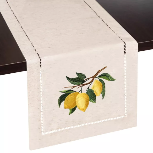 Lemon Branch Embroidered Hemstitch Table Runner, Rustic Farmhouse Decor, Beige