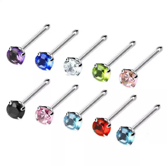 10 pcs Sterling Silver Prong Nose Cubic-Zirconia Ring 1.2mm Gem Ball Ended 22G 2
