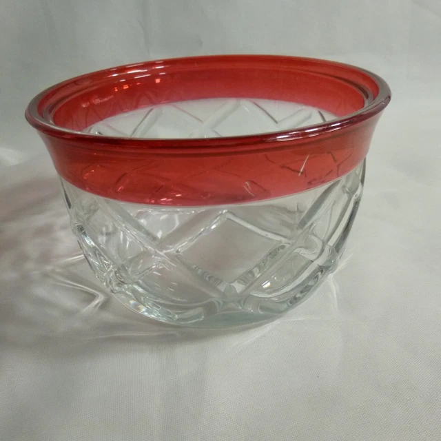 Bowl - Clear Diamond Pattern w Ruby Red Flash, Rim very heavy, cut glass- MINT