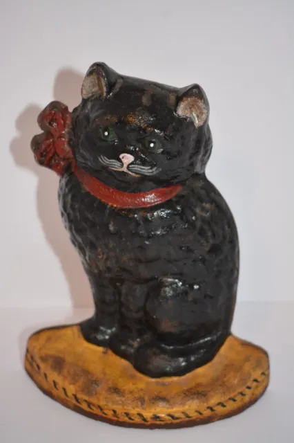 Antique Cast Iron Black Cat on Pillow Red Bow Doorstop Door Stop