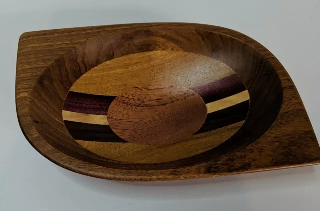 Hand Made Segmented Inlayed Wooden Oval Bowl Trinket Jewelry Snacks Nuts 6.5"L