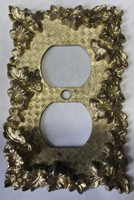 Vtg 1968 Ornate Floral Metal Wall Plate Outlet Cover Gold Tone - Amer. Tack 75D