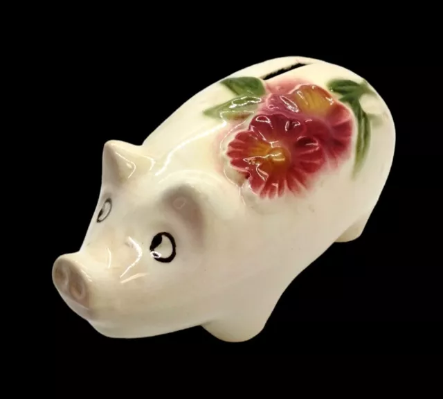 Figurine vintage peinte à la main sans trou poterie céramique fleur florale cochon banc