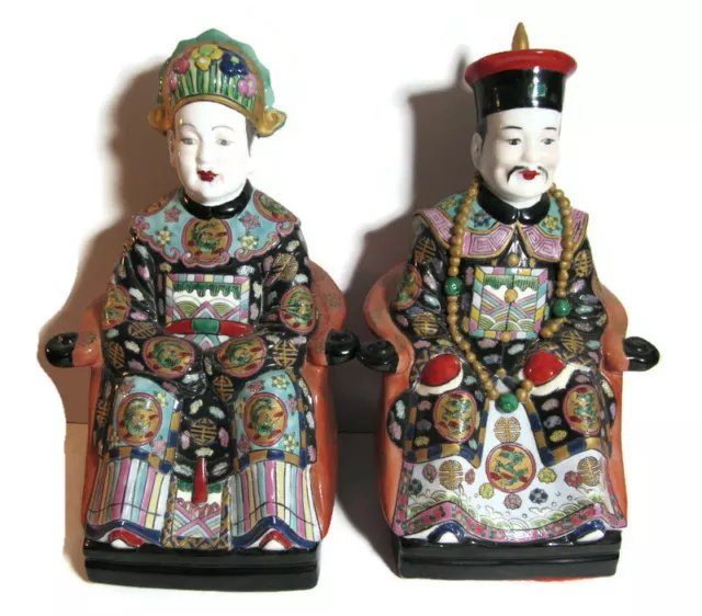 2x Antique Hand Painted Porcelain Chinese Emperor and Empress Statue Figurines