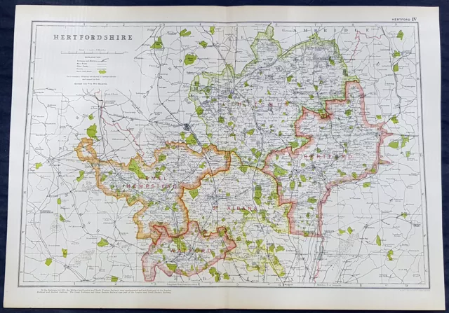 1880 GW Bacon Large Antique Lithograph Map of English County of Hertfordshire