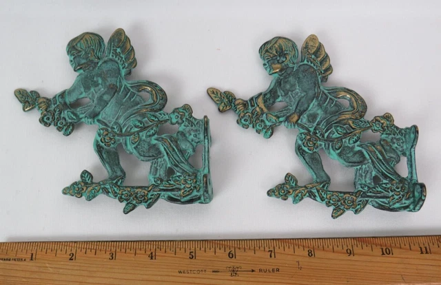 2 VTG 1940s 50s BRASS ANGEL CHERUB WALL DECOR PLANT HANGERS 5 5/8" HEAVY PATINA