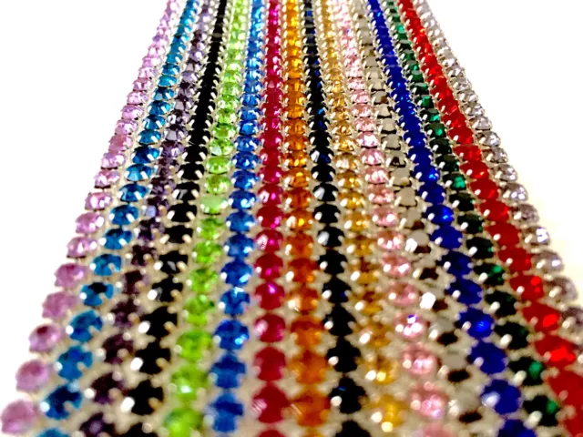 1 Metre Diamante/Rhinestone Crystal Colour Chain Silver Base A++ Quality