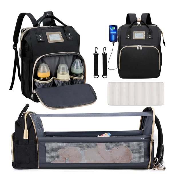 Diaper Bag Backpack, Multifunctional Baby Changing Bag with Foldable Crib