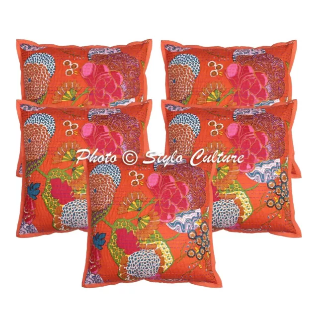 Funda de almohada Kantha de algodón hecha a mano naranja Tropicana sofá...