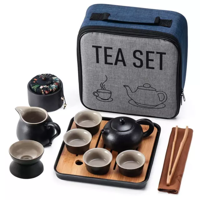 Mini Travel Kung Fu Tea Pot Cup Set with Tray - Portable Chinese Ceramic Porc...