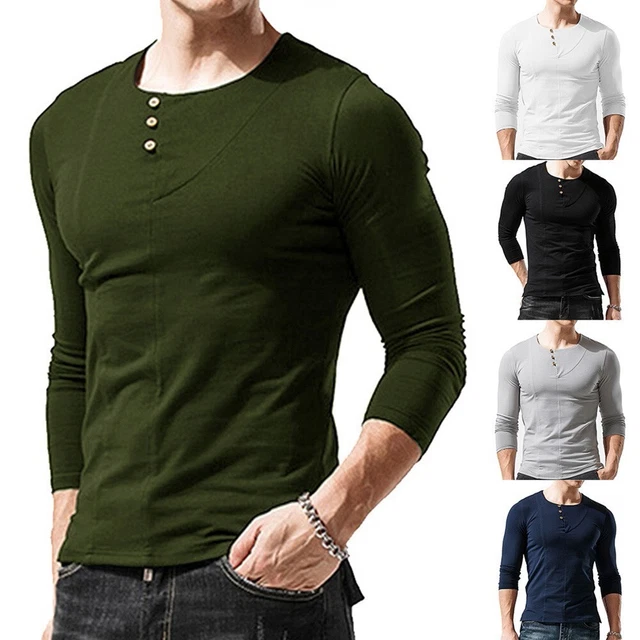 T-shirt casual top petto singolo colletto Henley manica lunga da uomo
