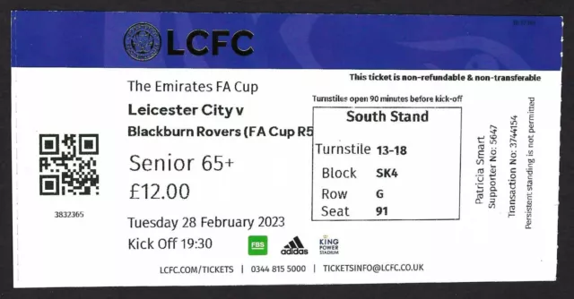 LEICESTER CITY v BLACKBURN ROVERS F.A. CUP 5th ROUND MINT UNUSED TICKET