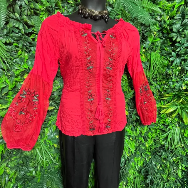 Women Tops Medium Red Sheer Sleeve Embroidery Accent Kloset Therapy 1188