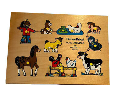 Vintage 1970’s Fisher Price Wooden Farm Animals 9 Piece Puzzle #507 Ages 1.5-4