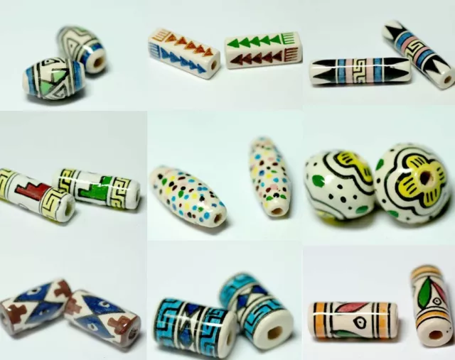 Inka Perlen Keramikperlen bemalt Handarbeit tolle Muster 2 Stück *Preisknaller*