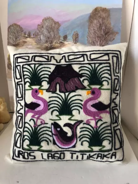 Peruvian Folk Art Tapestry Embroider Wool Pillow Uros LagoTitikaka Flamingos 16"