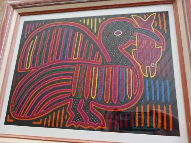 Vintage Kuna Mola Panama Framed Fabric Art "Bird with Fish"