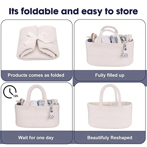 Baby Diaper Caddy Organizer, Cotton Rope Nursery Storage Bin Basket Tote Bag 2