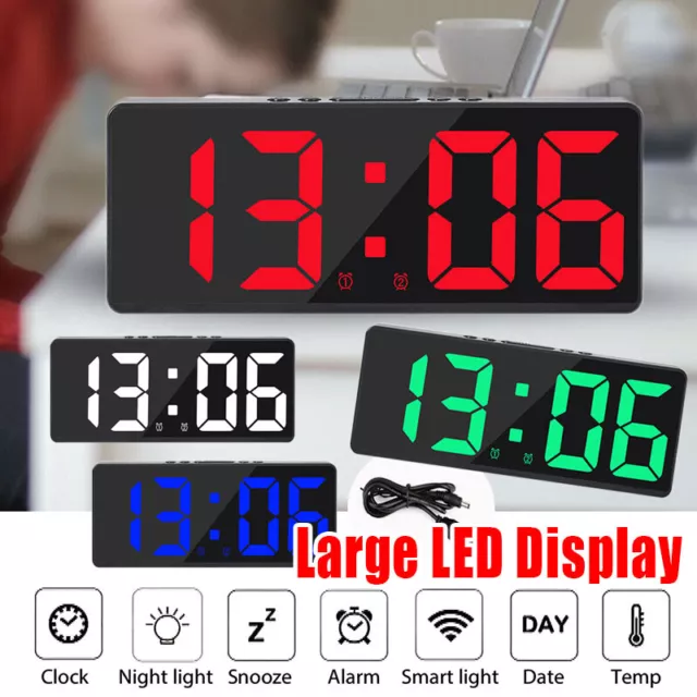 LED Electric Digital Alarm Clock Mains Battery Large Mirror Temperature Display