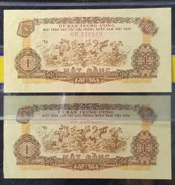 RARE 1963 VIETNAM South National Bank 1 Dong B/note 2Pcs (+FREE1 note)#20192