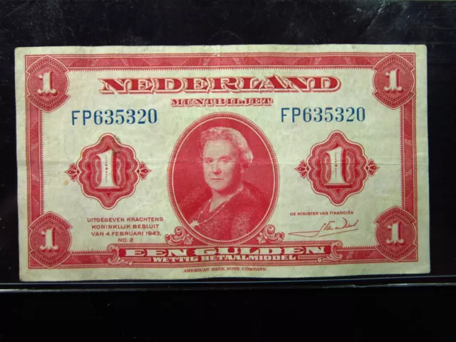 NETHERLANDS 1 Gulden 1943 P64 Dutch Muntbiljet Queen Juliana Bank Money h5320