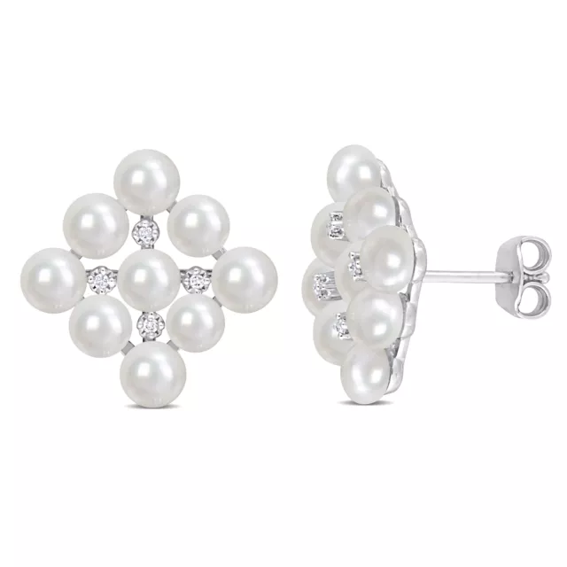 Amour Sterling Silver 4-4.5mm Freshwater Cultured Pearl and Diamond Earrings