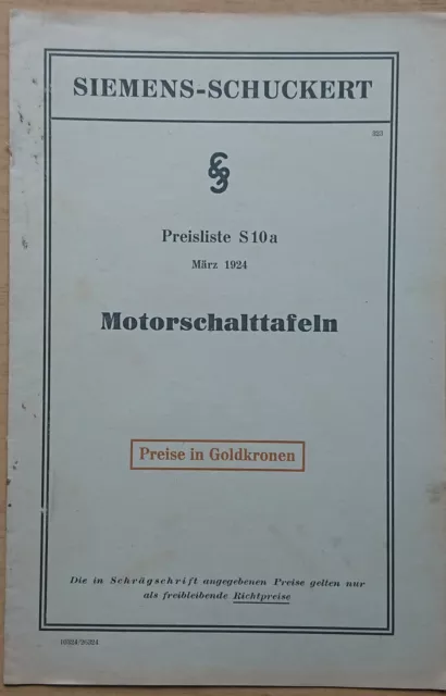 Siemens-Schuckert (Österreich) Preisliste 1924 Motorschalttafeln